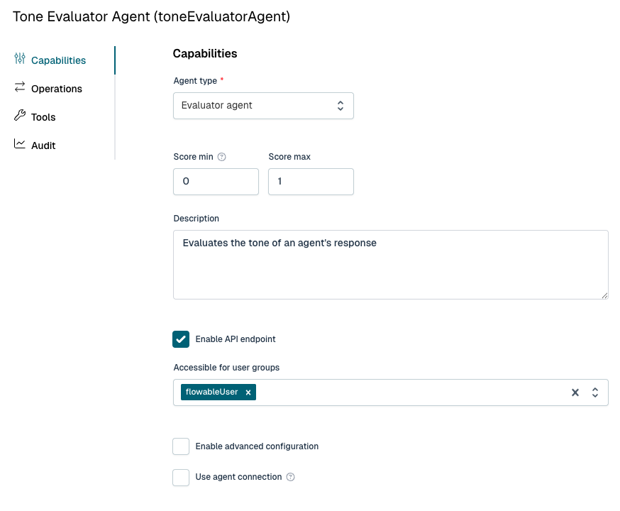 An evaluator agent in Flowable Design: the agent type is set to Evaluator agent with a score range