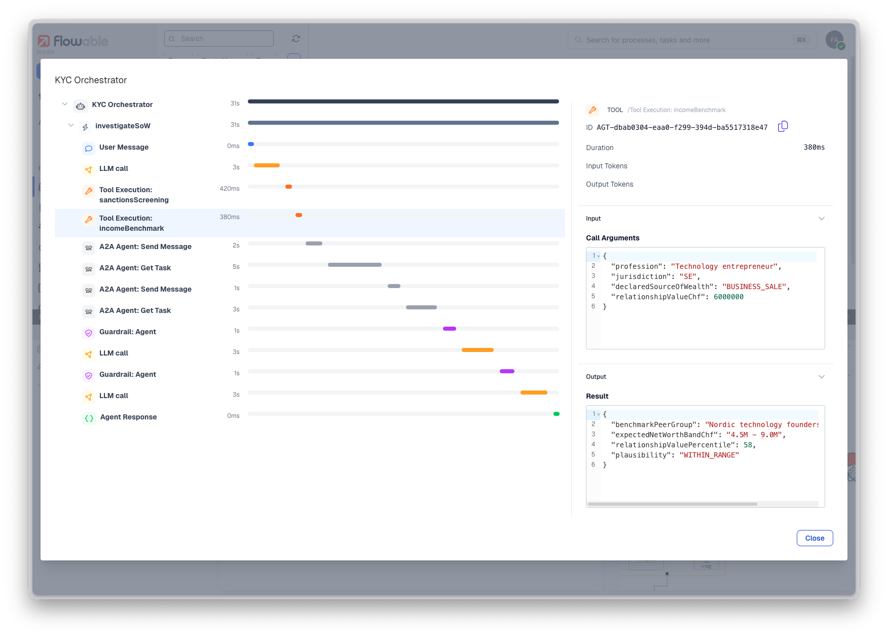 The agent timeline in Inspect: each LLM call, tool execution, A2A agent call and two guardrail checks laid out with durations, and the selected step's input and output. The same timeline is also available in Flowable Hub.