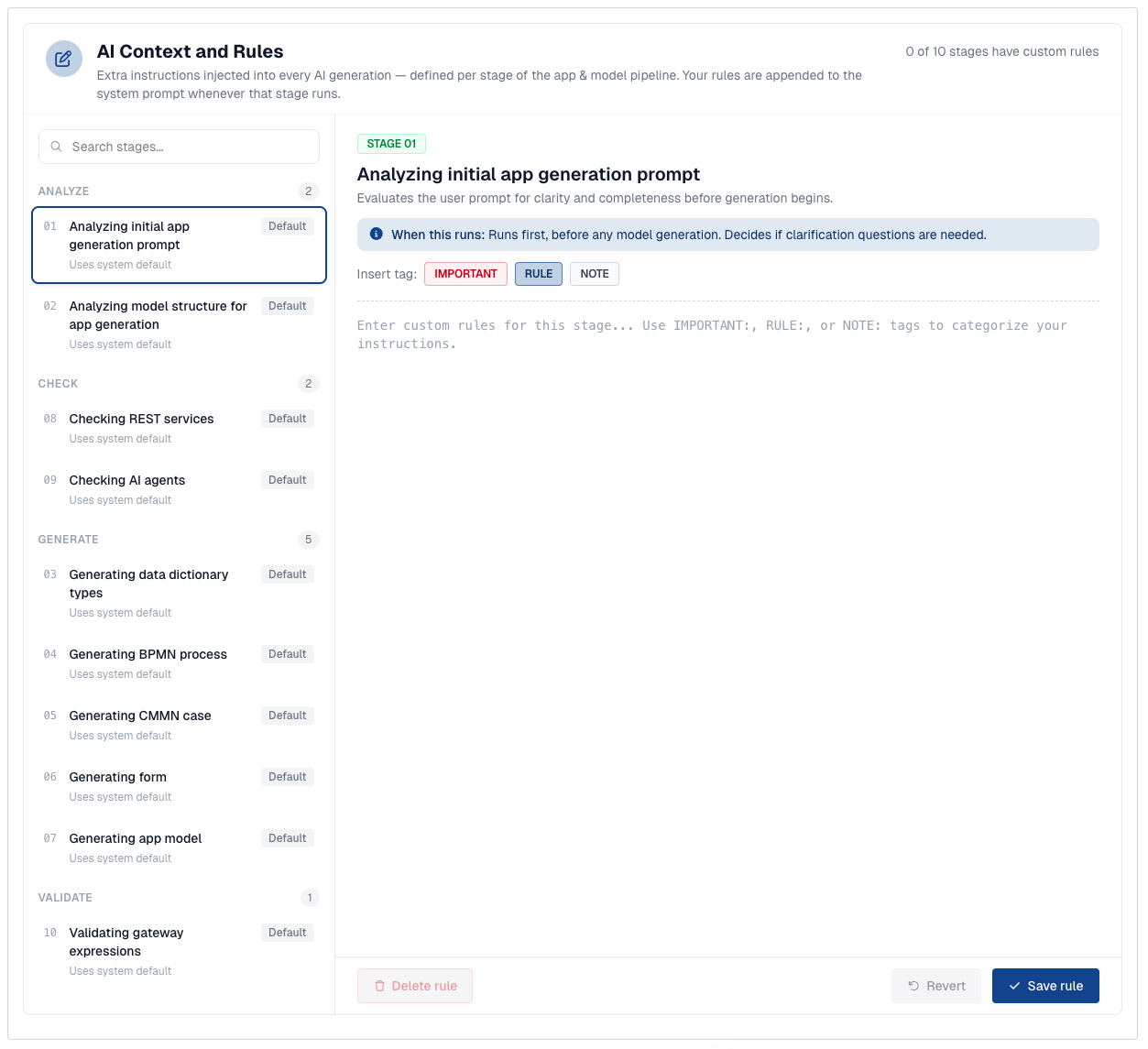 AI context and rules: per-stage instructions appended to the system prompt for each app generation stage