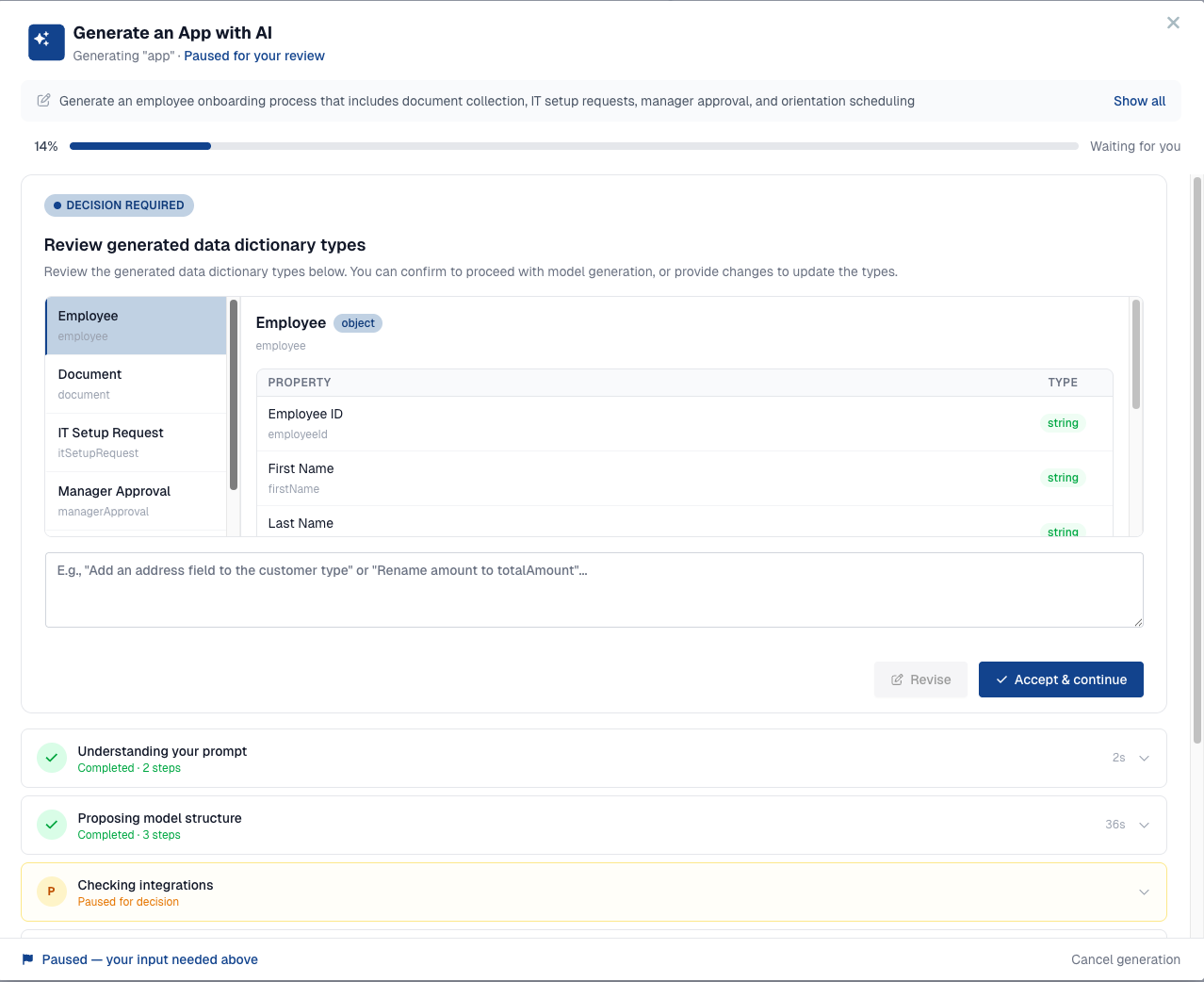 Step 3: review the generated data dictionary types before generation continues