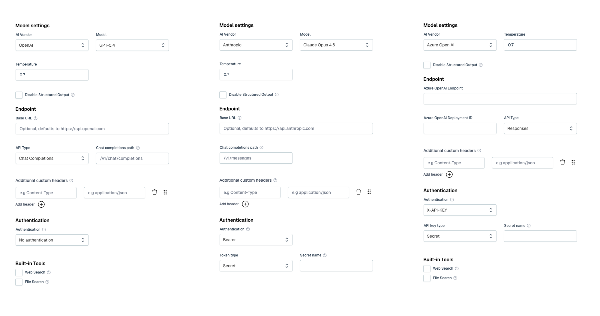 Configuring different LLM providers in Flowable Agentic Case Platform: OpenAI, Anthropic and Azure OpenAI, each with its own endpoint, completions path and authentication