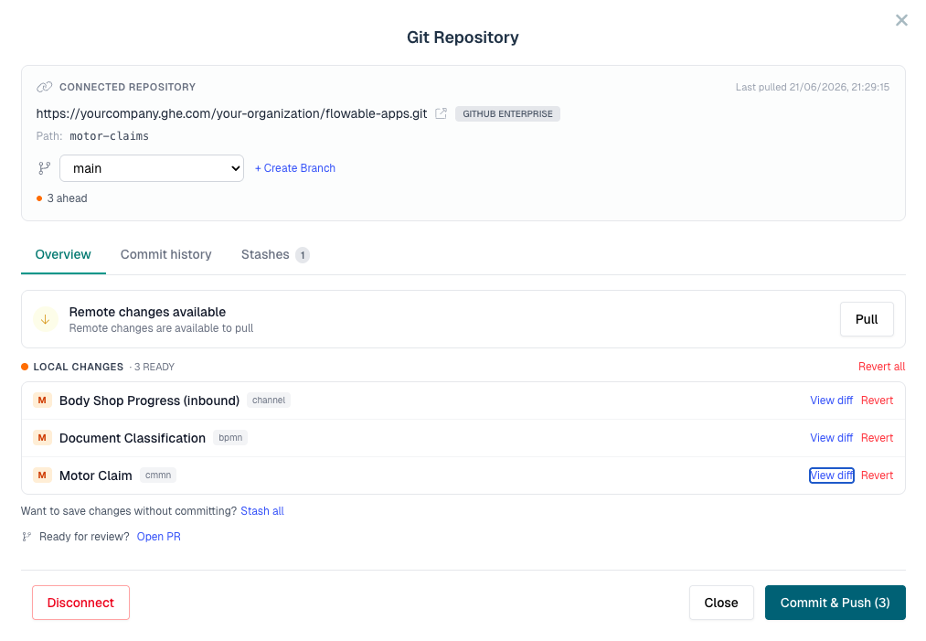 The Git dialog in Flowable Design: branch, pull remote changes, review local changes per model, and commit and push or open a pull request