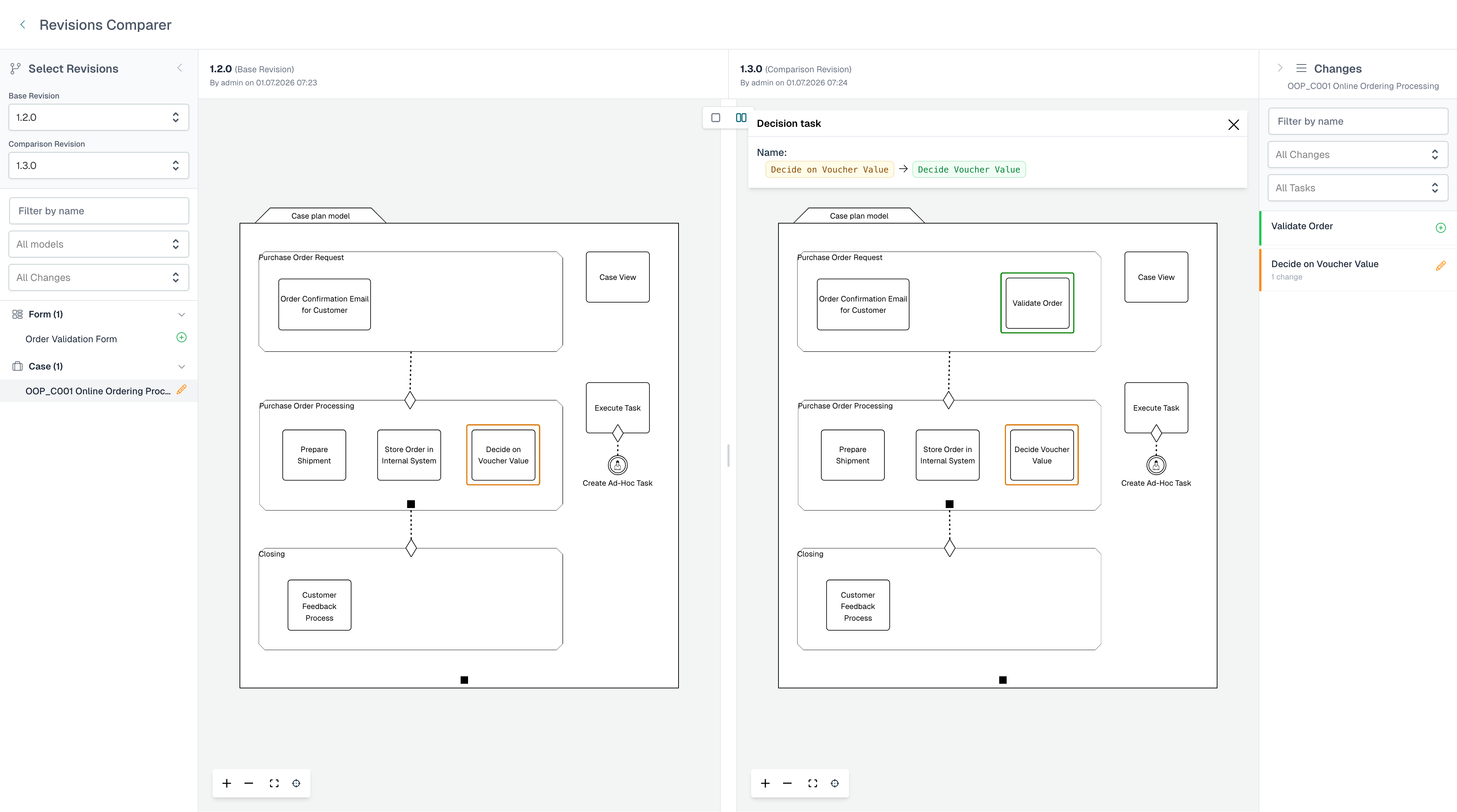 Comparing two app revisions in Flowable Design: added elements in green, changed elements in orange, with a per-model list of changes