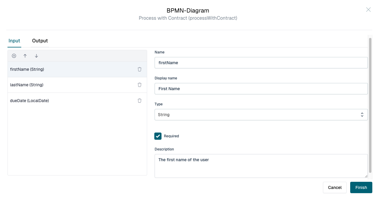 Declaring typed inputs and outputs on a process model in Flowable Design
