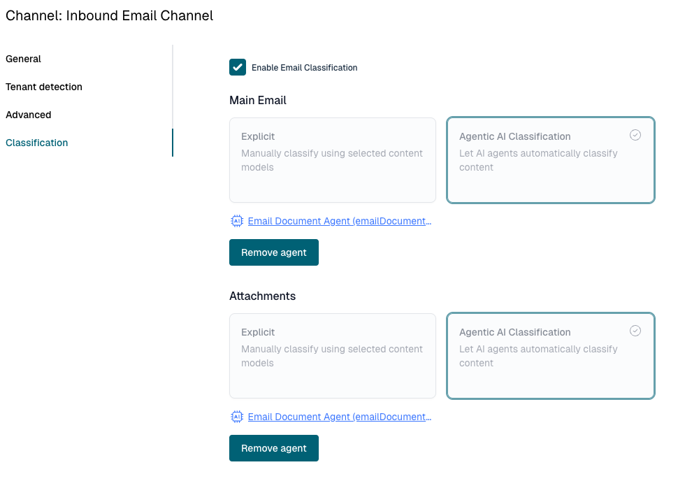 Choosing how the inbound email channel classifies the body and attachments: map them to content models yourself, or let a document agent classify and extract automatically