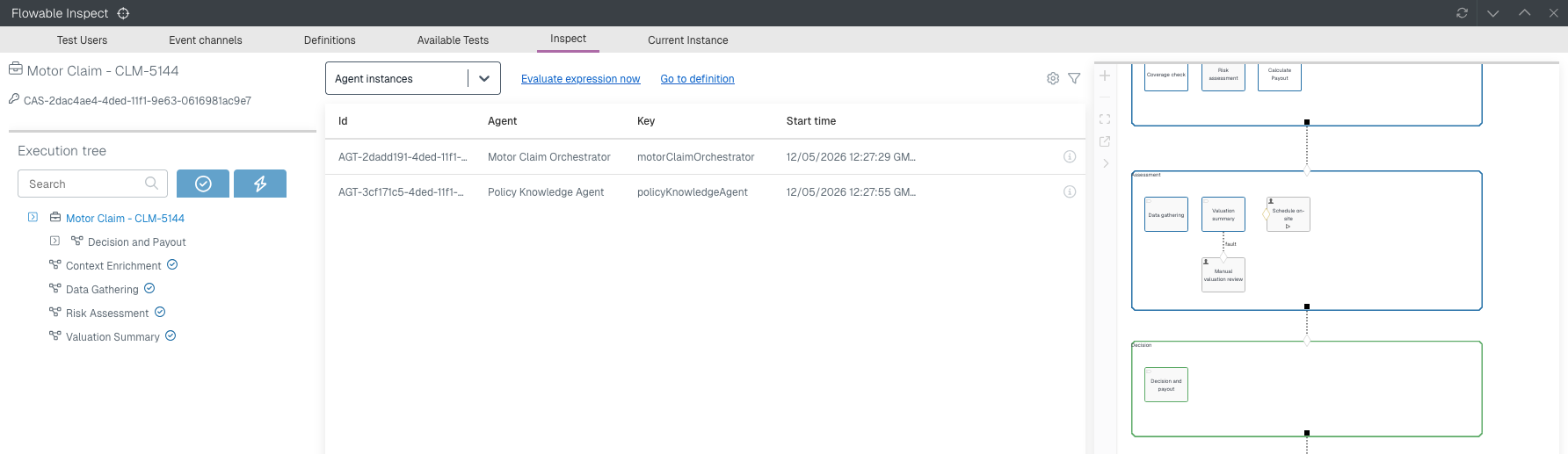 Agent instances for a case in Flowable Inspect, alongside the execution tree and case diagram
