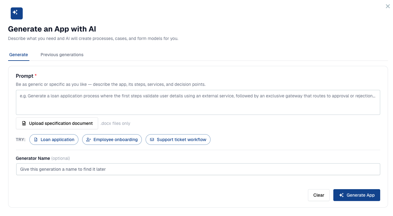 Step 1: describe the app to generate, or start from an example or a specification document