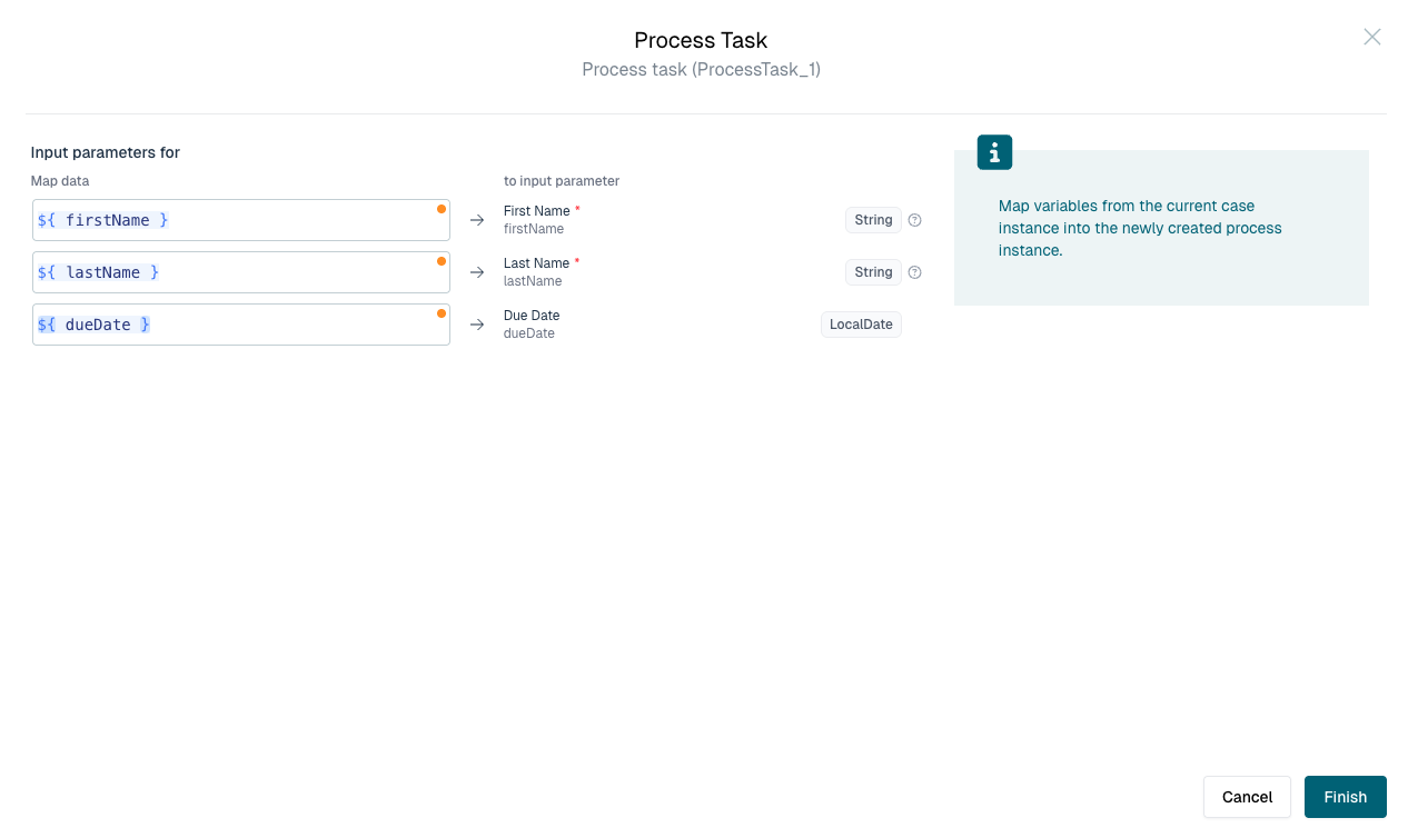The declared inputs surfaced when the process is called from a Process Task, mapped from the surrounding instance's variables, with required inputs marked