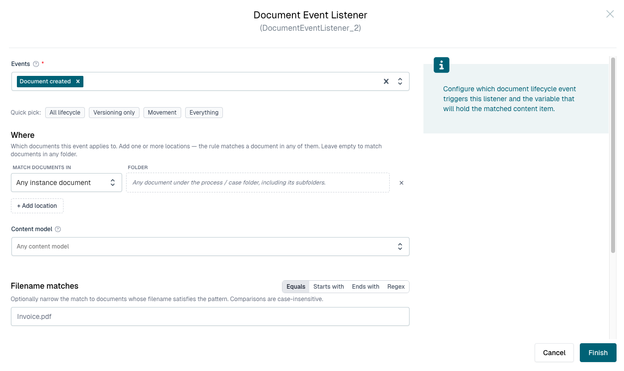 Configuring a document event listener: lifecycle events, where to match, content model and filename pattern