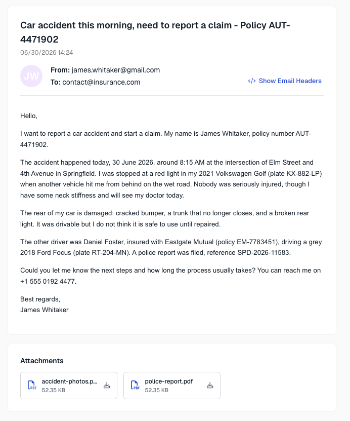 The email detail view in Flowable Work: the message is shown, with each attachment captured as its own document